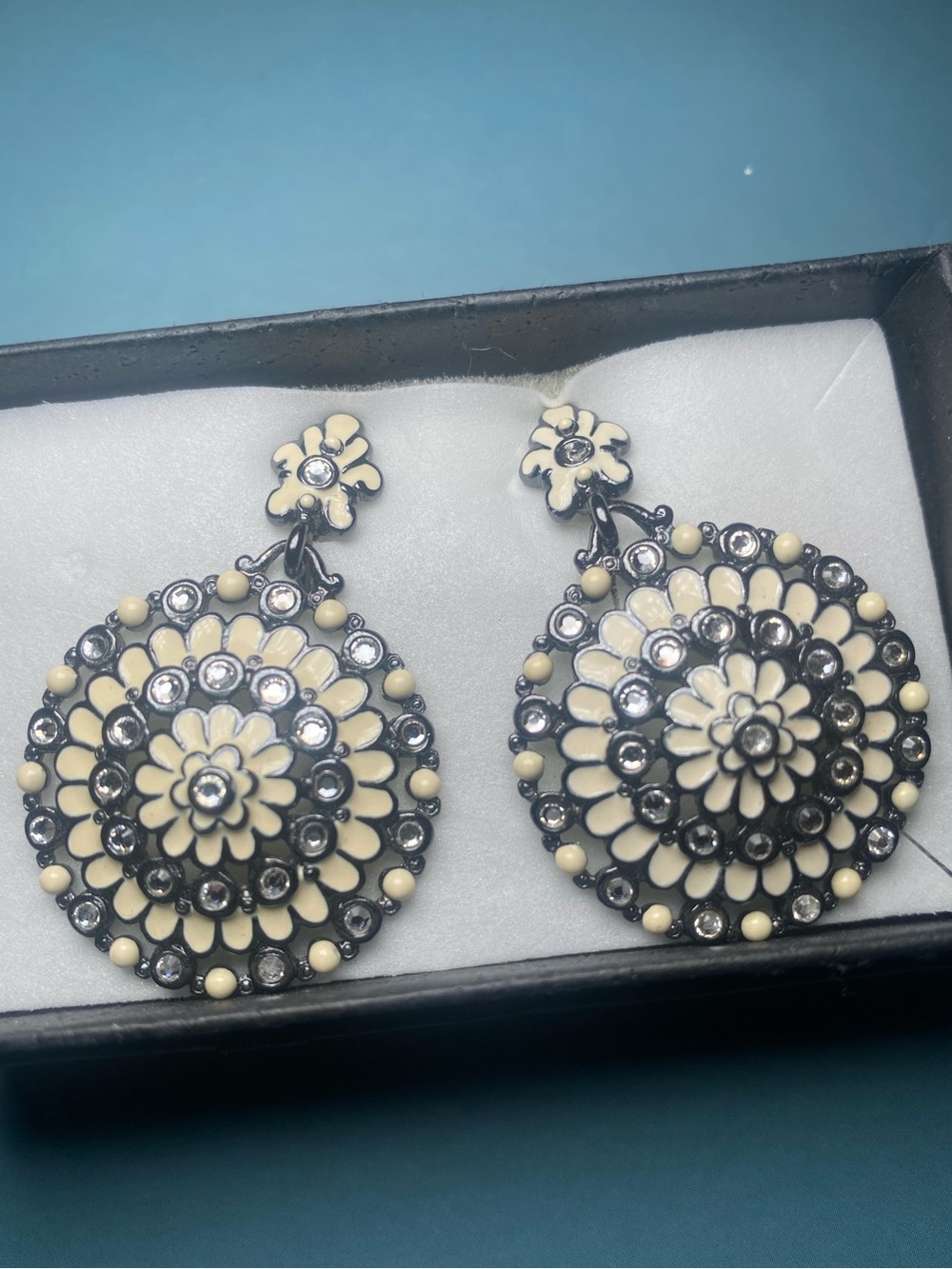Joan Rivers Vintage White Enamel Floral Rhinestone RoundDrop Dangle Earrings